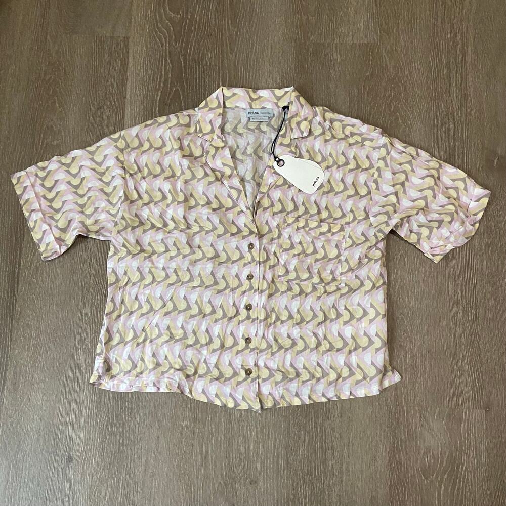 Prana Iguala Top Women's XS Willow Retro Geo Relaxed Fit Button Up Cropped
